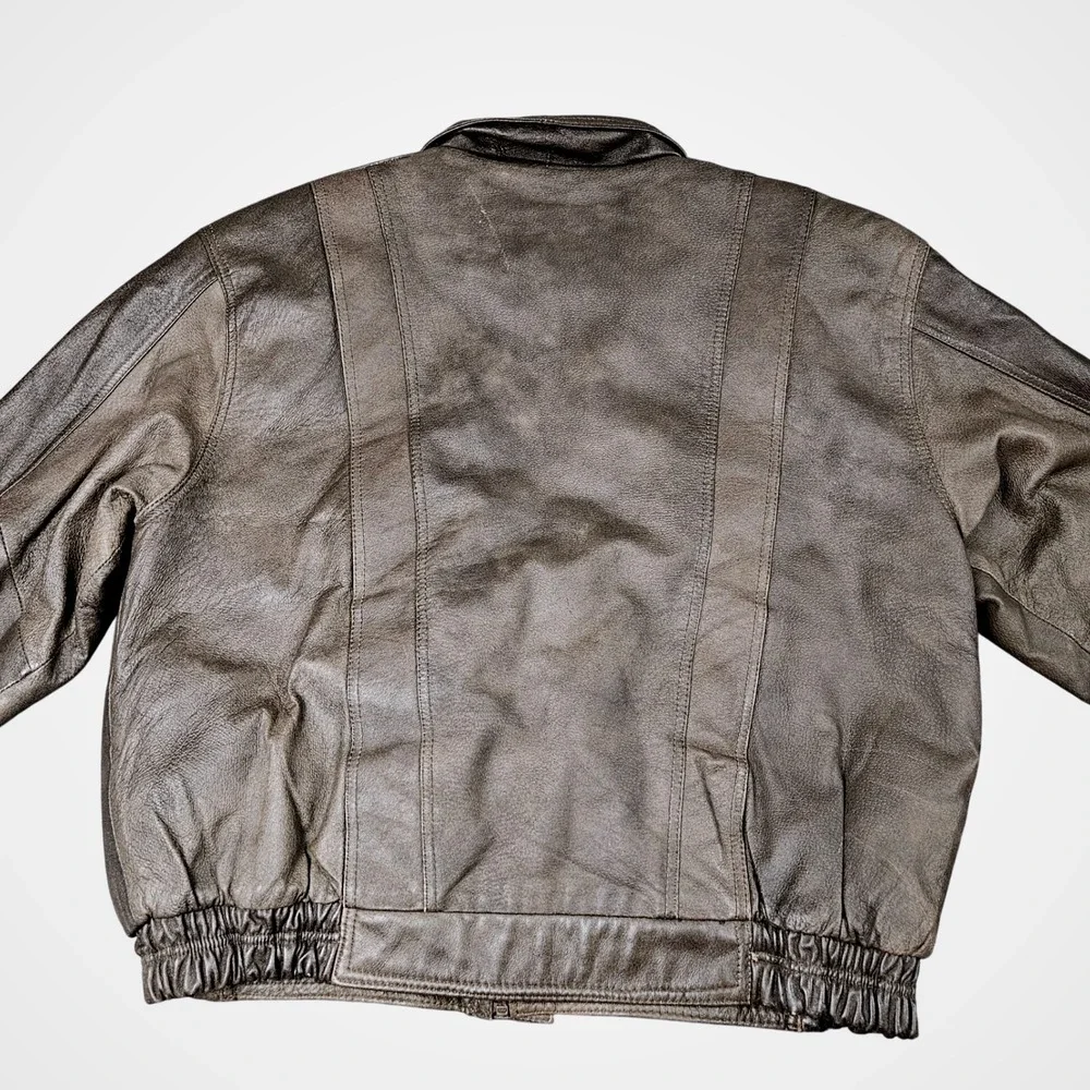 Phase 2 Leather Jacket 2XL Brown Plaid Lined‎ Zip Pockets Vintage Grunge